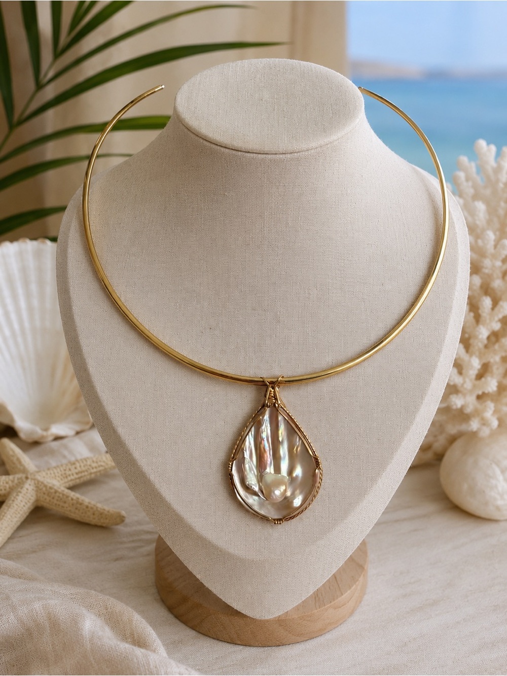 Mother of Pearl Wire Wrapped pendant and 14’ Torque Necklace